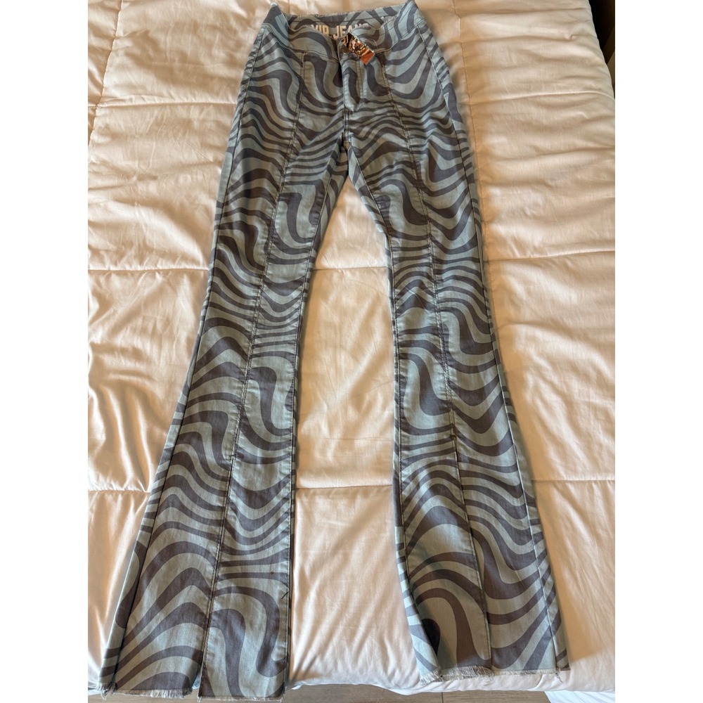 VIP Jeans Blue Grey Swirl Print High Waisted Flare Raw Hem Pants Size 1/2